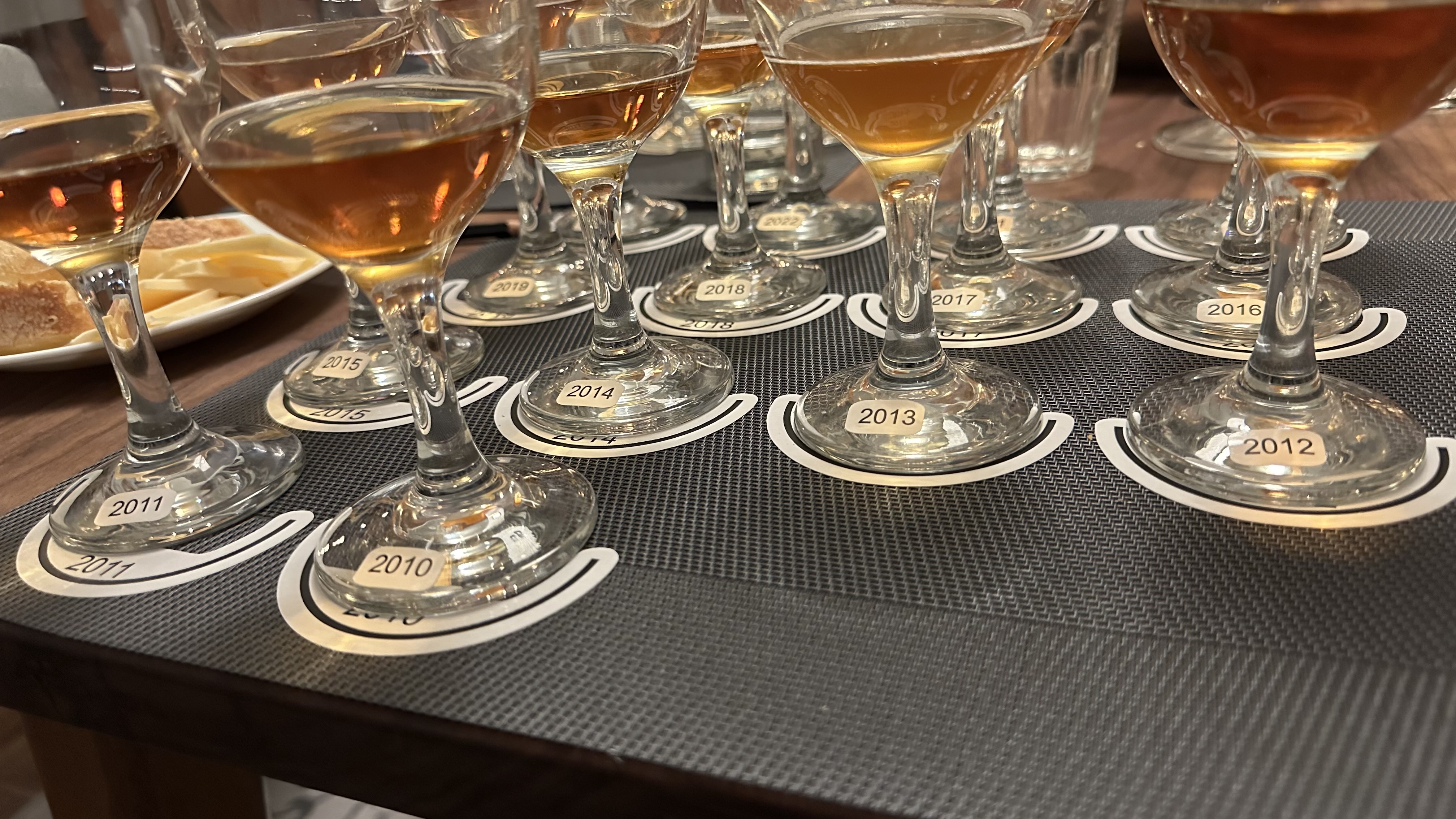 Full glasses showing vintages.